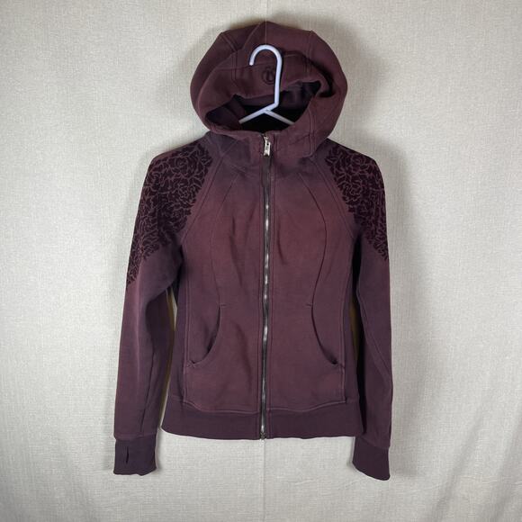Lululemon Scuba Hoodie Floral Flock Womens Size 4 Plum Purple Full Zip Velvet - Picture 3 of 11